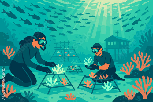 Illustration of scuba divers planting coral on an underwater reef, restoring marine ecosystems, with vibrant coral and fish swimming around, emphasizing ocean conservation efforts