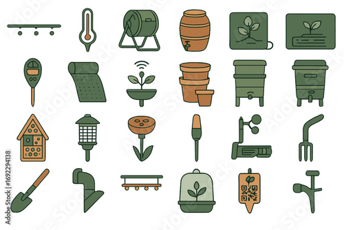 Sustainable gardening and smart agriculture icon set featuring compost bins, drip irrigation, rain barrels, planters, soil sensors, tools, and smart plant monitors on green-orange gradient background