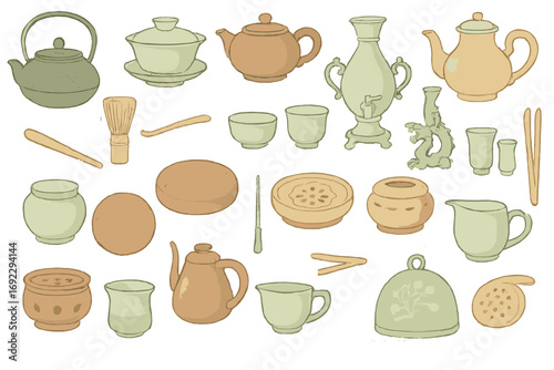 Traditional Chinese tea ceremony icon set with teapots, gaiwan, teacups, tea tools, incense burners, tea pets, and tea cakes on warm beige background