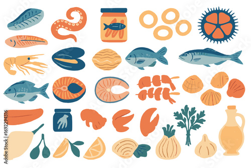 Colorful seafood and vegetable illustrations displayed in a flat design showcasing diverse culinary ingredients for cooking