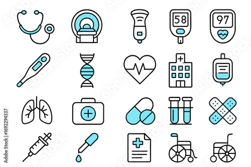 Medical healthcare icons representing various aspects of health monitoring and treatment methods