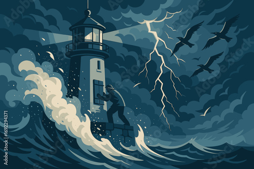 Lighthouse in fierce storm with crashing waves, lightning, and keeper securing shutters at sea