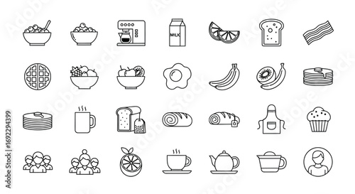 Black and white line art of breakfast food and drink isolated on white