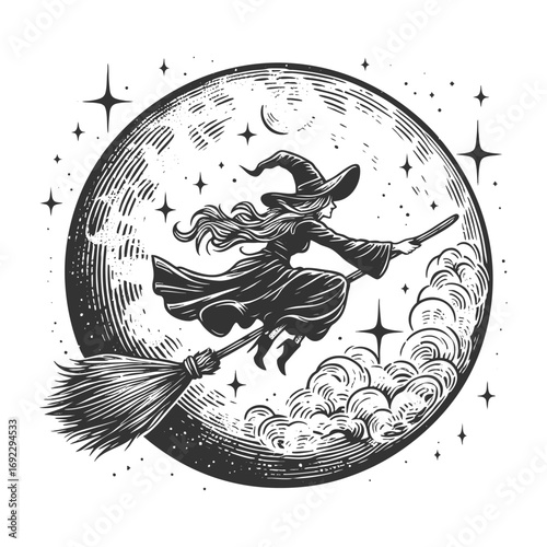 witch in a hat and cape riding a broomstick with the full moon behind her sketch engraving generative ai fictional character vector illustration. Scratch board imitation. Black and white image.