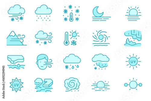 Weather and climate icons including clouds, UV rays, snow, wind, temperature, and various weather conditions