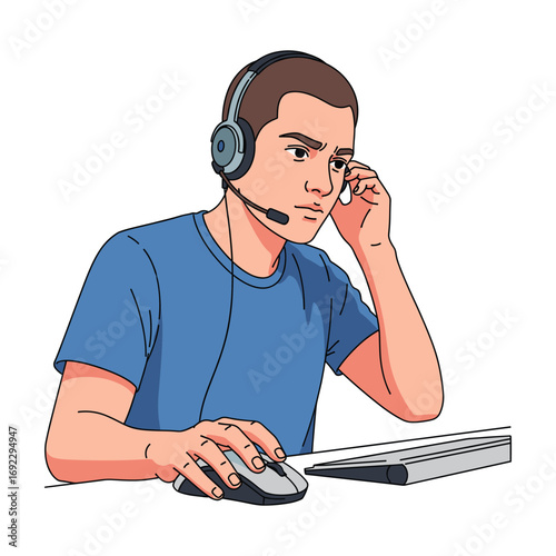 Concentrated Young Man Working from Home in Headset, Cartoon Style