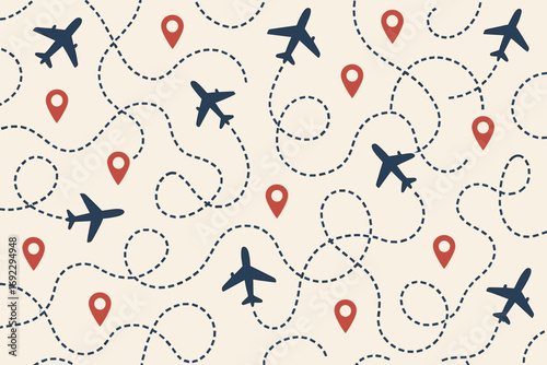 Seamless Pattern of Airplanes with Dotted Flight Paths and Red Map Pins on Beige Background