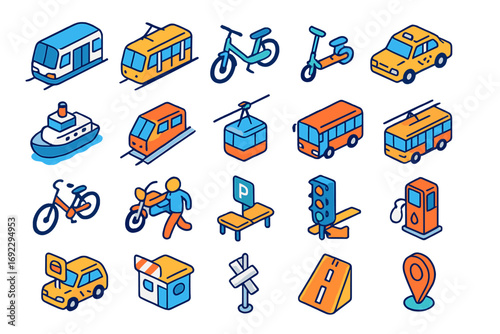 Illustration of diverse transportation modes such as trains, taxis, bicycles, and more in a vibrant infographic style
