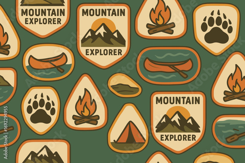 Seamless retro camping and mountain explorer badge pattern with canoes, campfires, tents, bear prints, and nature icons on green background