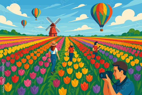 Colorful tulip field with hot air balloons and a windmill during a sunny day