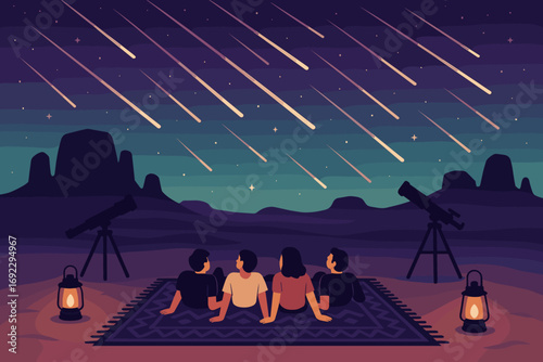 Group Watching Meteor Shower in Desert with Telescopes and Lanterns Under Starry Sky