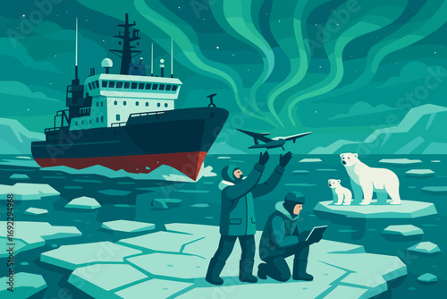 Arctic Scientists Launching Drone to Monitor Polar Bears Near Icebreaker Ship Under Northern Lights Illustration