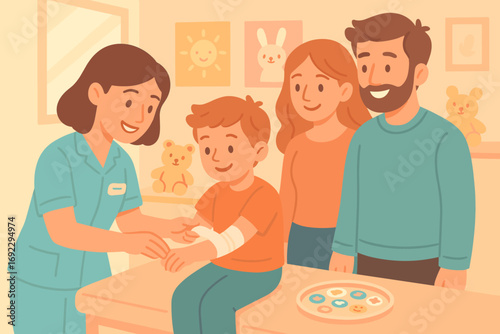 Nurse assists child with bandage while parents look on in a friendly clinic environment