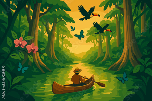 Kayaker explores tranquil river surrounded by lush rainforest at golden hour with toucans and butterflies