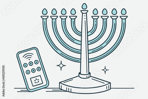 Illustration of a modern menorah with a remote control for lighting