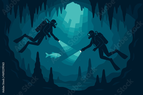 Divers exploring an underwater cave while illuminating the surroundings with flashlights and observing fish
