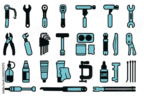 Various tools and supplies displayed in an organized pattern for repair and maintenance tasks