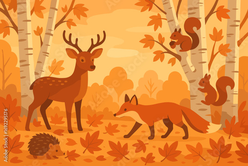 Cute autumn forest illustration with deer, fox, squirrels, and hedgehog among orange leaves and birch trees