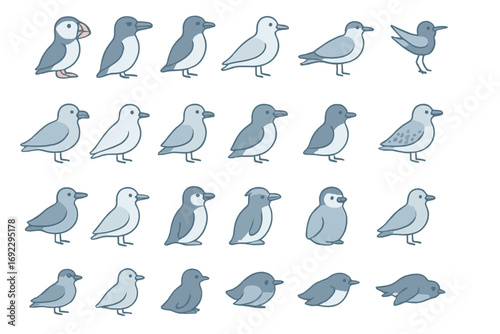Stylized arctic seabird icon set featuring puffins, gulls, penguins, and shorebirds in soft blue and grey tones