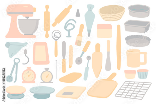 Baking tools and utensils displayed in a creative layout for culinary activities