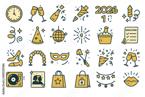 Festive New Year 2026 icon set with party elements including fireworks, champagne, masquerade, confetti, and celebration accessories
