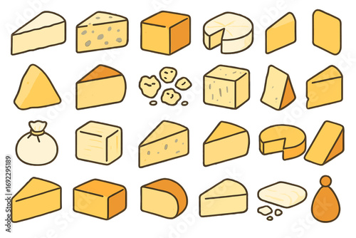 Hand-drawn cheese icon collection showcasing various cheese types including wedges, cubes, wheels, and crumbles on brown background