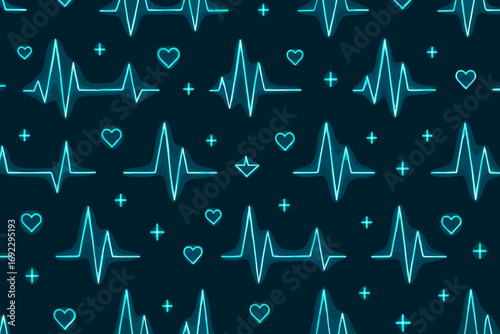 Glowing seamless pattern with neon heartbeat lines, hearts, and medical plus signs on dark background