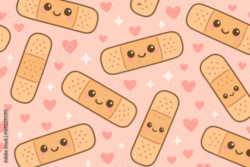 Cute seamless pattern with kawaii bandages, smiling faces, hearts, and sparkles on pastel pink background