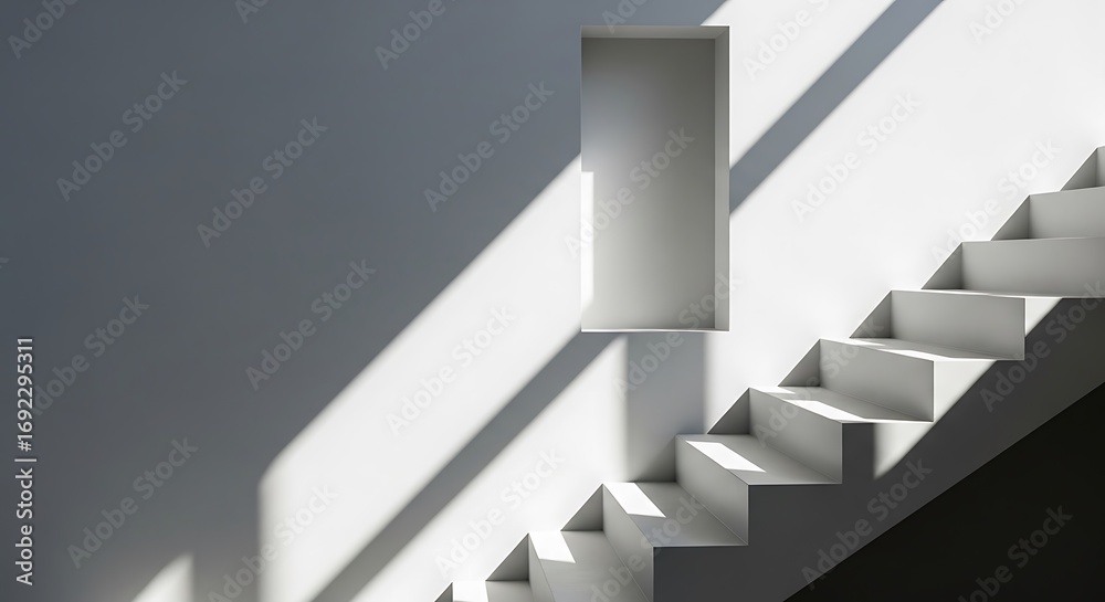 Fototapeta premium Sunlight streams across minimalist white stairs and wall, creating dramatic shadows