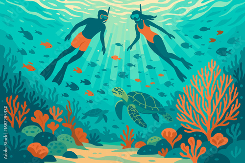Couple snorkeling in colorful coral reef with sea turtles and tropical fish underwater illustration