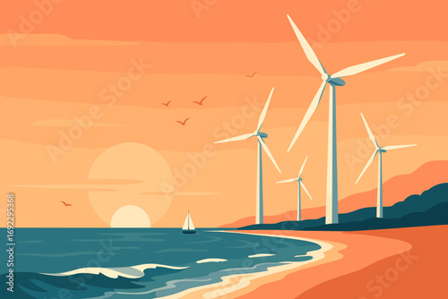 Wind turbines along seaside coastline at sunset with sailboat and birds, clean energy and sustainability concept illustration