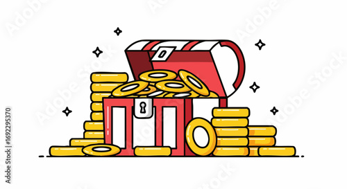 Discover hidden treasure with this charming illustration of an overflowing red chest with glistening gold coins