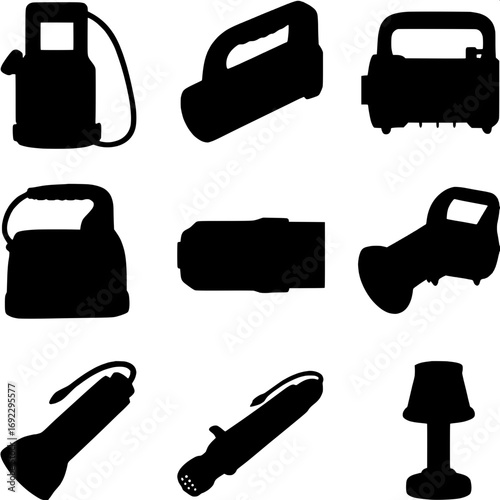 Grid of nine icons depicting portable power and lighting tools, bold black shapes, pure white background, clear functional design.