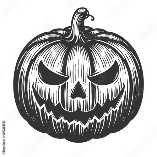 carved jack-o-lantern pumpkin with an eerie, menacing face for Halloween decoration sketch engraving generative ai vector illustration. Scratch board imitation. Black and white image.