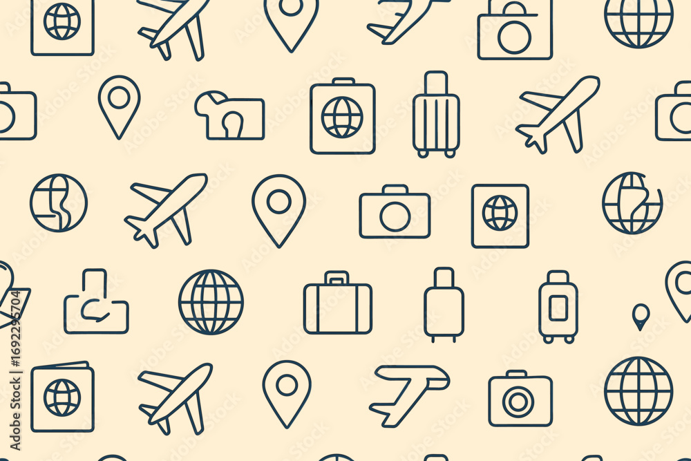 Naklejka premium Seamless Pattern of Travel Icons with Airplanes, Luggage, Passports, Cameras, and Globes on Beige Background