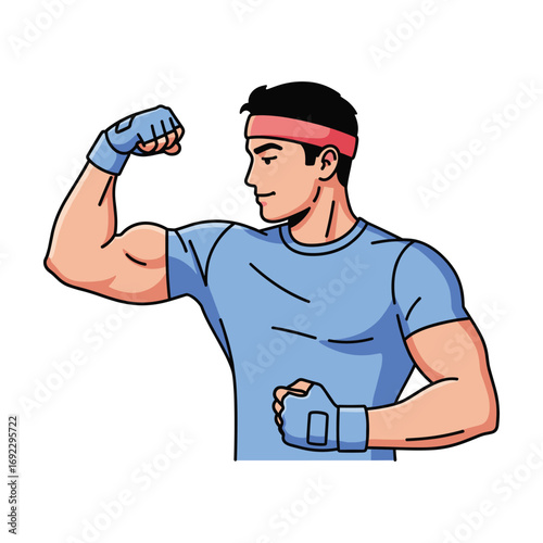 Confident Muscular Man Flexing Bicep: Cartoon Style Fitness Illustration