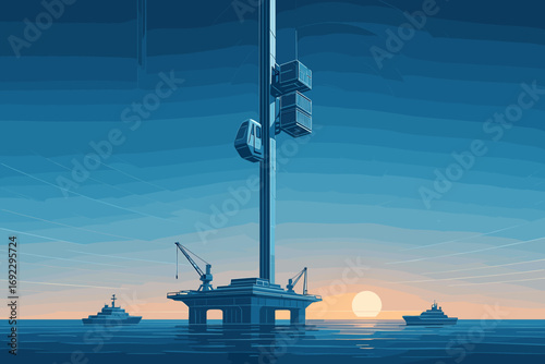 Futuristic offshore space elevator platform with cargo containers, cranes, and ships at sunset over calm ocean