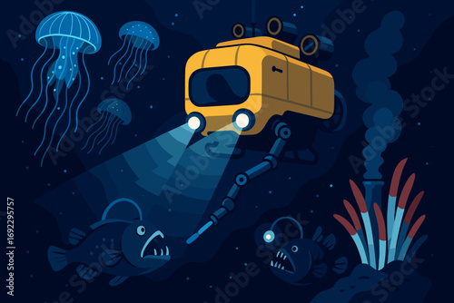 Illustration of deep-sea exploration with yellow submersible, anglerfish, jellyfish, hydrothermal vent, and tube worms
