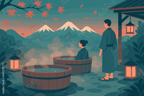 Tranquil Japanese Onsen with Couple in Yukata, Steaming Hot Springs and Mountain View at Sunset in Autumn
