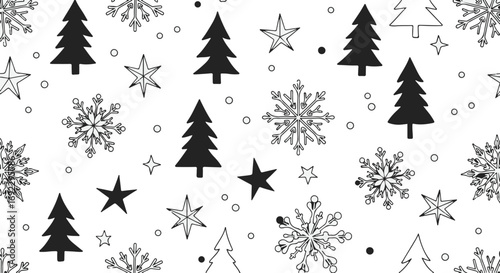 Festive winter pattern with christmas trees snowflakes and stars for seasonal designs and