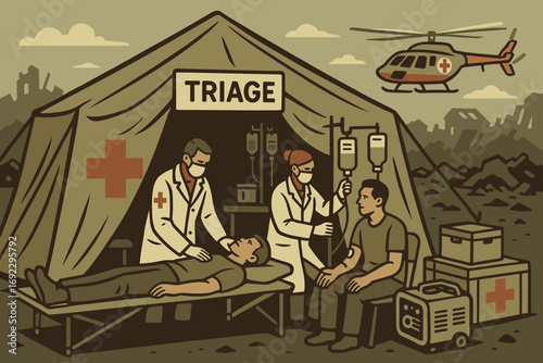 Medical Staff Providing Emergency Care in Field Triage Tent with Helicopter and War Zone Background