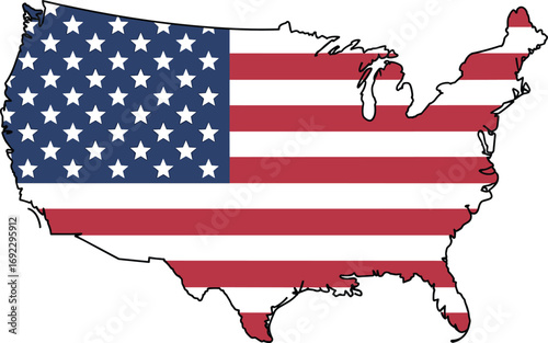 United States map with American flag overlay, USA patriotic symbol, red white blue stars stripes, national pride, US geography, America icon