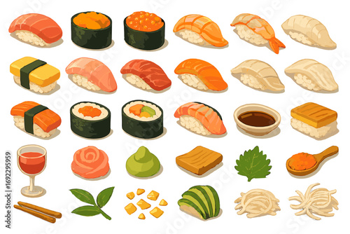 Hand-drawn sushi and Japanese food icon set with nigiri, rolls, condiments, and traditional garnishes