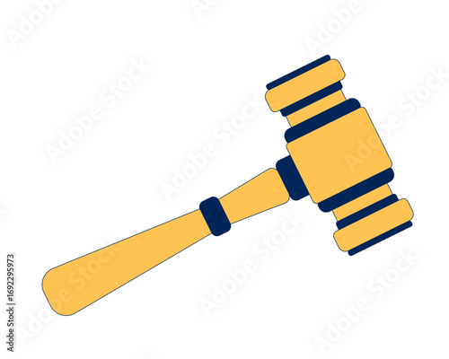 Wooden judge gavel 2D cartoon object. Trial justice, court authority, legal proceedings. Courtroom item. Decision hammer. Ruling tool isolated element flat vector clip art on white. Spot illustration