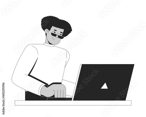 Latino man working on laptop 2D line character. Remote employee casual. Telecommuting adult with curly hair and sunglasses isolated vector ink outline person. Monochromatic spot illustration