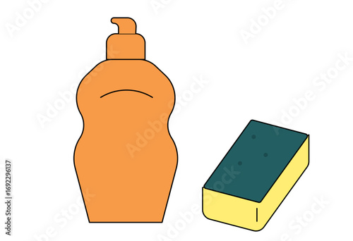 Dishwashing liquid bottle with sponge cleaning tool for kitchen hygiene and household chores flat vector illustration