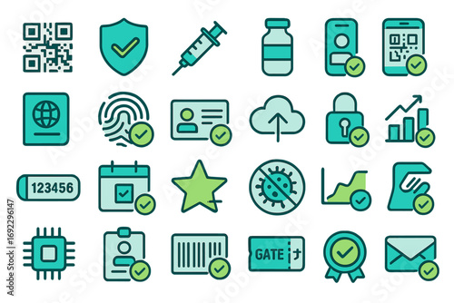 Digital health and security verification icon set with modern flat design, vaccine, ID, QR code, biometric, and secure data symbols