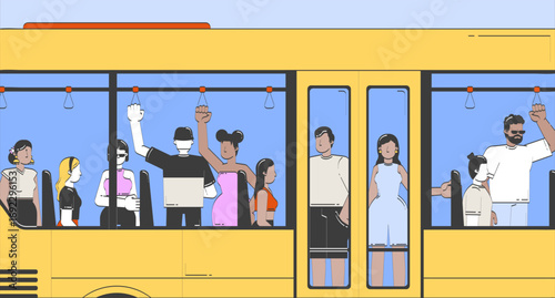 Crowded yellow bus with diverse faceless passengers doodle cartoon illustration. Public transport and daily urban commuting 2D flat characters. Doodleart hand-drawn drawing colorful background
