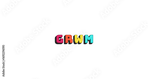 GRWM abbreviation colorful bold popular internet slang word. Get ready with me lingo. Influencer beauty, fashion routine. Chunky 3D letters with shadow effect. Fun typography. Bungee Shade font used