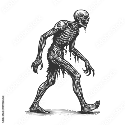zombie walking at Halloween party sketch engraving generative ai fictional character vector illustration. Scratch board. Black and white image